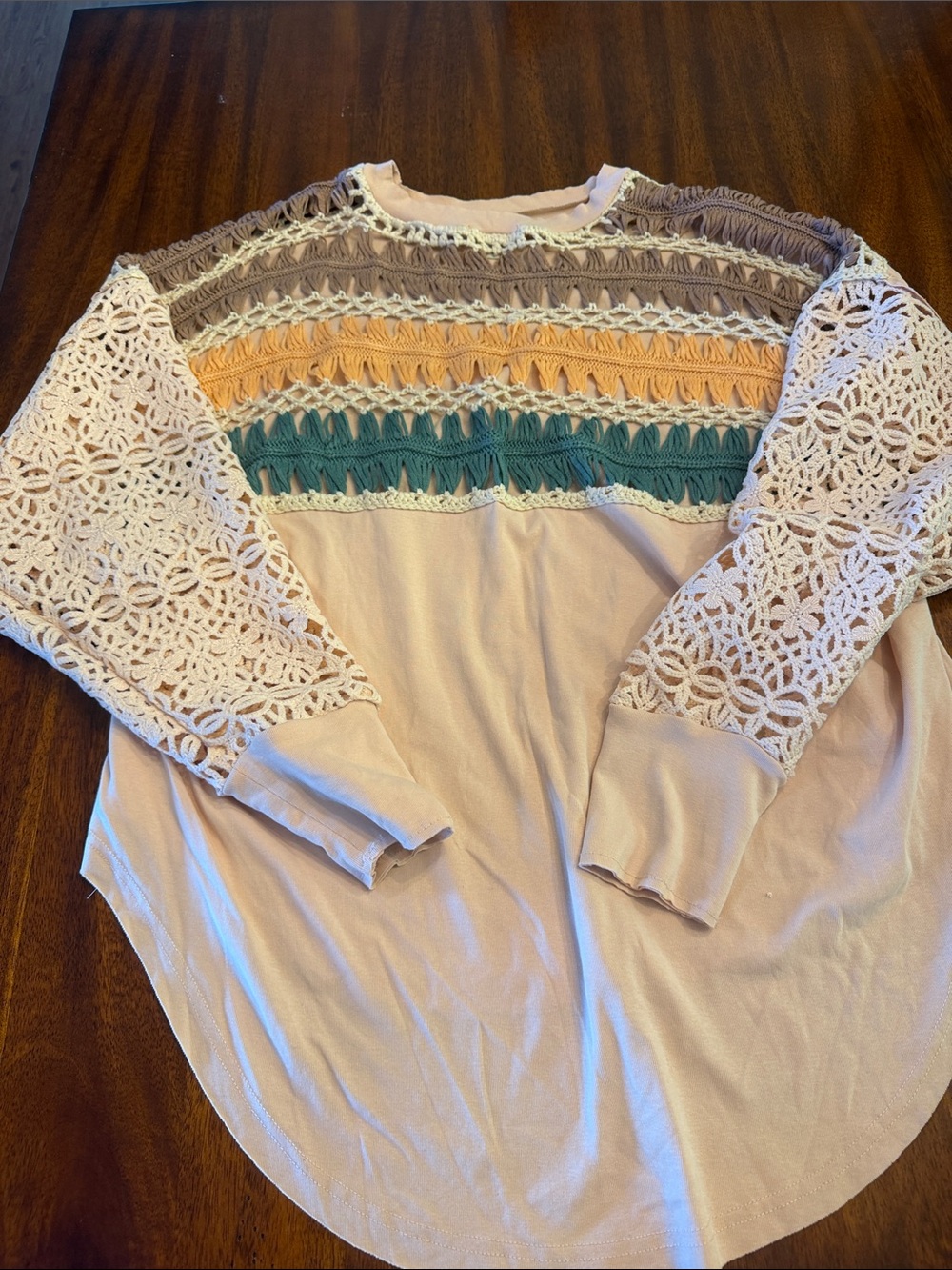 Gilded Intent Blush Top with Crochet Stripes and Lace Sleeves